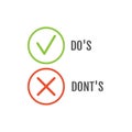 Dos and dont good and bad icon check. Negative positive list, true wrong like anf fail logo