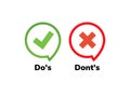 Dos and dont good and bad icon check. Negative positive list, true wrong like anf fail logo