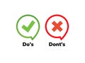 Dos and dont good and bad icon check. Negative positive list, true wrong like anf fail logo