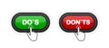 Dos or Donts green or red realistic 3D button isolated on white background. Hand clicked. Vector illustration.
