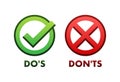 Dos and Donts Icons with Checkmark and Cross, Guidelines Concept Vector Illustration for Decision Making and Rules