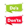 Dos and Donts label sticker. Green check mark yes and red cross no icon. Vector stock illustration