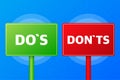 Dos or Donts realistic red and green table on blue background. Vector illustration.