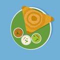 Indian breakfast dish `Dosa with Sambar and Chutney`