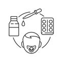 Dosage medicines for children black line icon. Pediatric health care sign. Childcare concept. Pictogram for web page, mobile app,