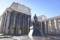 Dostoyevsky Monument and facade of Russian State Library in the center of Moscow, Russia. Sunny day view.