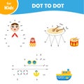 Educational children's game. Dot by dot. Set of three elements, doll, drum, ship