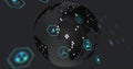Dot-matrix globe rotating in lab, cyan hex frames power lightning flask propeller icons datapoints Royalty Free Stock Photo