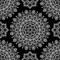 Dot painting monochrome vector seamless pattern with mandalas, Australian ethnic design, Aboriginal dots pattern in white