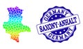 Dot Rainbow Map of Saxony-Anhalt State and Grunge Stamp Seal