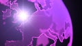 Dot style purple hologram of earth continents.focused on england, 3d illustration