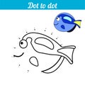 Dot to dot. Blue fish. Connect dots and color the picture. Educational game for children. Find hidden personage. Page to color.