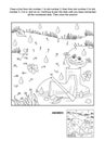 Dot-to-dot and coloring page - umbrella, gumboots, frog