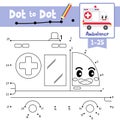 Dot to dot educational game and Coloring book Ambulance cartoon character side view vector illustration