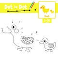 Dot to dot educational game and Coloring book Duck and little duck animal cartoon character vector illustration