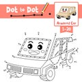 Dot to dot educational game and Coloring book Armored Car cartoon character perspective view vector illustration Royalty Free Stock Photo