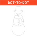 Dot to dot educational game and Coloring book of cute snowman cartoon character for preschool kids activity handwriting