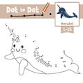 Dot to dot educational game and Coloring book Long tusk Narwhal animal cartoon character vector illustration