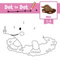 Dot to dot educational game and Coloring book Mole Digging Out of the Dirt animal cartoon character vector illustration