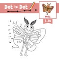 Dot to dot educational game and Coloring book Moth animal cartoon character vector illustration