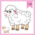 Dot to dot. Funny Sheep. Logic Game and Coloring Page with answer. Connect the dots by numbers and finish draw the cartoon eve Royalty Free Stock Photo