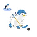 Dot to dot game. Educational number puzzle for kids. Penguin playing hockey. Funny bird in cartoon style Royalty Free Stock Photo