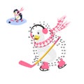 Dot to dot game. Educational number puzzle for kids. Penguin playing hockey. Funny bird in cartoon style Royalty Free Stock Photo