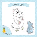 Dot to dot Game. Hippo. Connect the dots by numbers to draw the animal. Education Game and Coloring Page with cartoon cute Hippo.