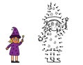 Dot to dot game for kids. Connect the dots and draw a cute girl in witch costume. Halloween puzzle