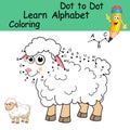 Dot to dot game with letters for kids. Learning the uppercase letters of the English alphabet with cute cartoon Sheep. Logic Game Royalty Free Stock Photo