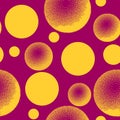 Dot work yellow spheres or balls on vintage purple background, abstract vector illustration. Pointillism dotwork style