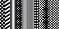 Dots arranged on black and white stripes in a repeating pattern