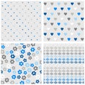 Dots hearts flowers and diamonds blue seamless pattern set