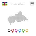 Dots Pattern Vector Map of Central African Republic - CAR . Silhouette of CAR. Flag of CAR. Multicolored Map Markers Set