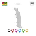 Dots Pattern Vector Map of Togo. Stylized Silhouette of Togo. Flag of Togo. Set of Multicolored Map Markers Royalty Free Stock Photo