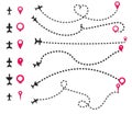 dotted airplane trajectories cartoon illustration set path or way of plane Royalty Free Stock Photo
