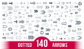 Dotted arrows big vector set of icons or logos, collection of direction cursors made with dots, perforated symbols, different Royalty Free Stock Photo