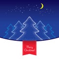 Dotted five Christmas trees with moon and stars on the blue background.