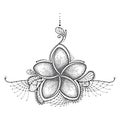 Dotted flower of Plumeria or Frangipani in black with decorative lace on white. Floral elements in dotwork for tattoo