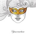 Dotted girl face in gold Venetian carnival mask Colombina and decorative lace in black on white background. Royalty Free Stock Photo