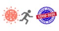 Dotted Halftone Man run away covid Icon and Bicolor Covid-2020 Grunge Stamp