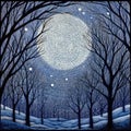 Dotted landscape. Light moon on dark blue night sky on winter night forest background. Mosaic texture Royalty Free Stock Photo