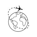 Dotted line of the aircraft route around the planet Earth. Tourism and travel. Vector illustration.