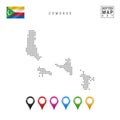 Vector Dotted Map of Comoros. Simple Silhouette of Comoros. National Flag of Comoros. Set of Multicolored Map Markers