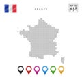 Vector Dotted Map of France. Simple Silhouette of France. The National Flag of France. Set of Multicolored Map Markers Royalty Free Stock Photo