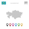 Vector Dotted Map of Kazakhstan. Simple Silhouette of Kazakhstan. National Flag of Kazakhstan. Multicolored Map Markers