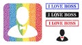 Rubber I Love Boss Stamp Seal and Dot Mosaic Elegant Boss Stencil Pictogram for LGBT Royalty Free Stock Photo