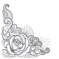 Dotted rose with leaves and decorative lace in black on white background.