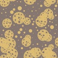 Messy gold on brown holey grunge dot seamless pattern. Randomly dotted background.