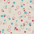 Spotted blue, red and beige round seamless pattern retro circle, rings. Royalty Free Stock Photo